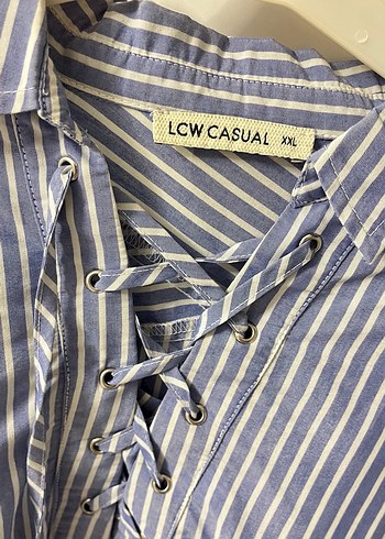 Çizgili Bağcıklı Pamuklu Kadın Gömlek - Görsel 2