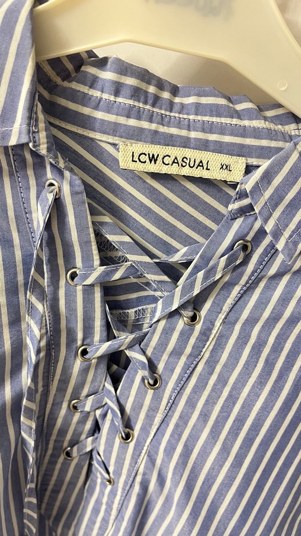 Çizgili Bağcıklı Pamuklu Kadın Gömlek - Görsel 2