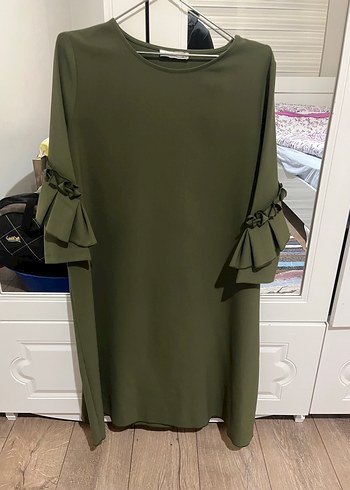 Kadın Haki Midi Tunik Fırfırlı Kol Detaylı