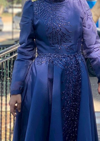 Boncuk İşlemeli Lacivert Uzun Abiye Elbise - Görsel 2