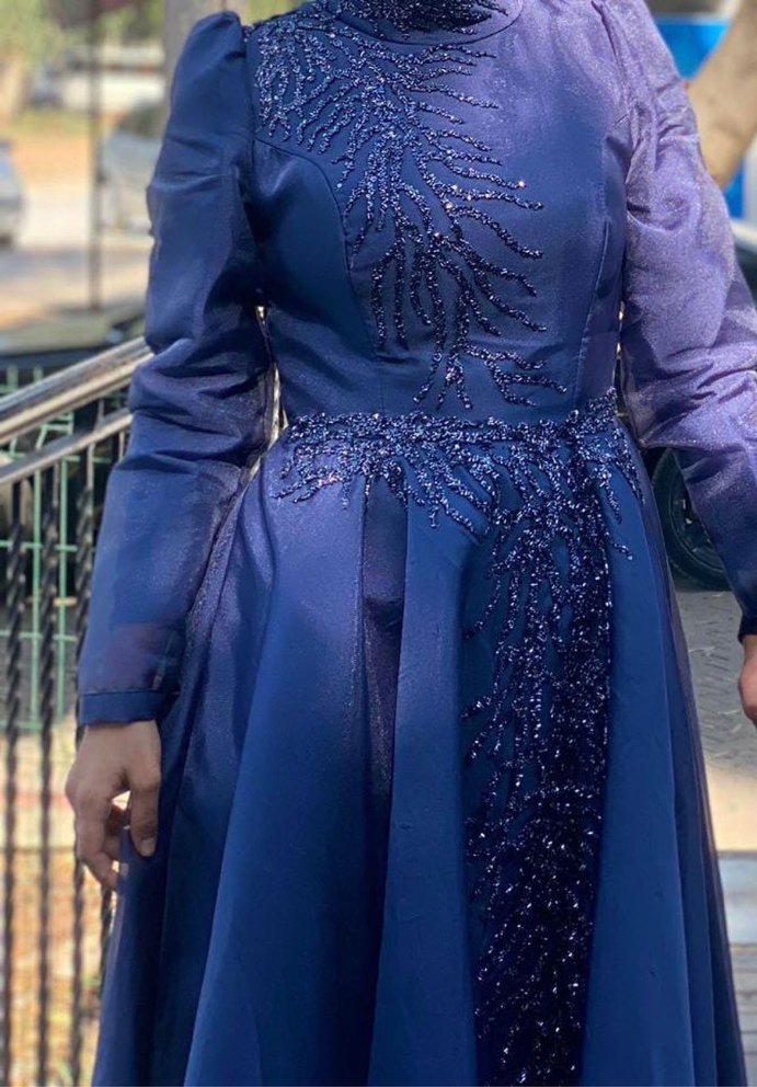 Boncuk İşlemeli Lacivert Uzun Abiye Elbise - Görsel 2