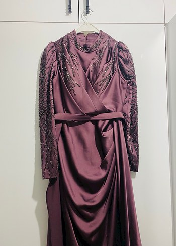 Uzun Kollu Drapeli Kadın Abiye Elbise - Görsel 4