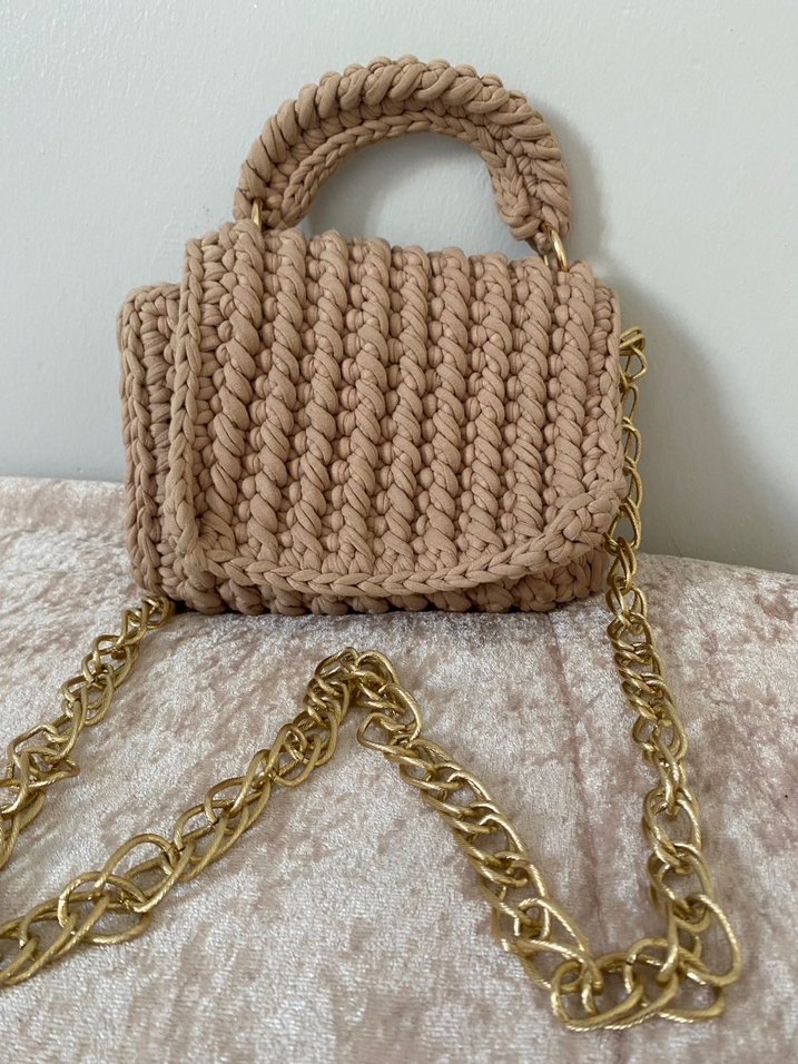 Bej Örgü Kadın Çanta Zincir Detaylı - Görsel 3