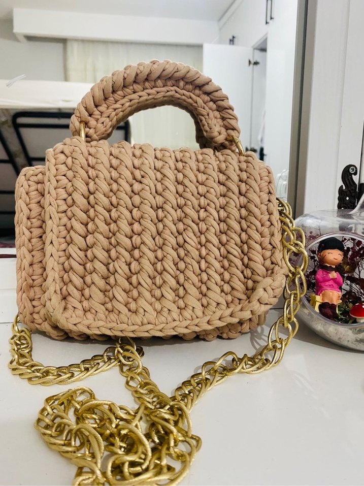 Bej Örgü Kadın Çanta Zincir Detaylı - Görsel 2