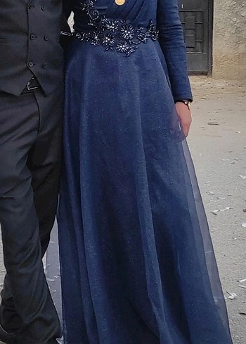 Uzun Kollu Koyu Mavi Drapeli Abiye Elbise - Görsel 2