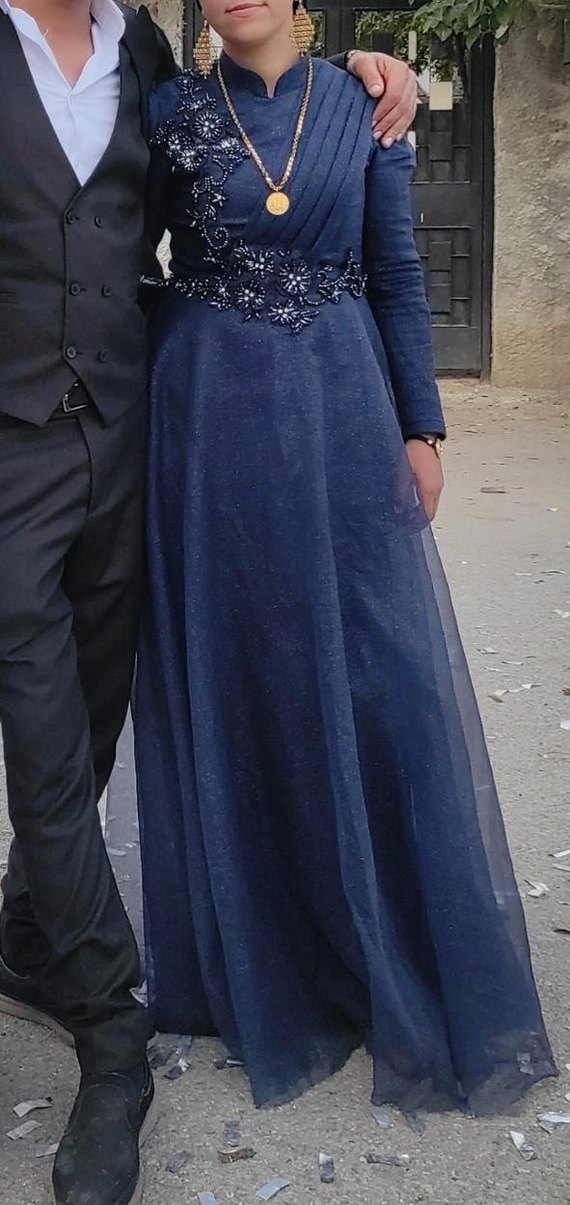 Uzun Kollu Koyu Mavi Drapeli Abiye Elbise - Görsel 2