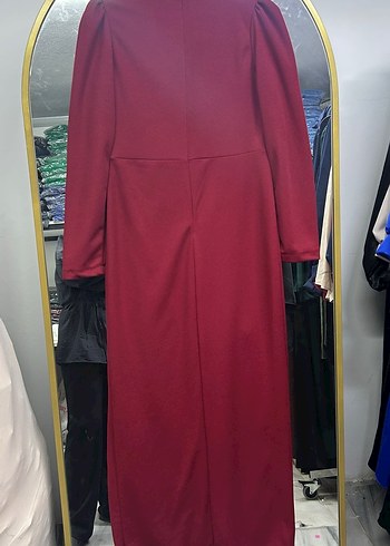 Uzun Kırmızı Drapeli Kadın Elbise - Görsel 6