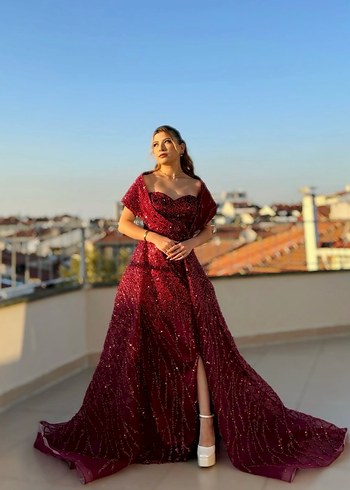 Bordo Parlak Nakışlı Uzun Abiye Elbise - Görsel 3