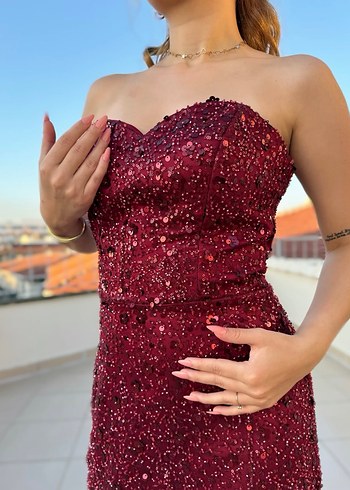 Bordo Parlak Nakışlı Uzun Abiye Elbise - Görsel 2