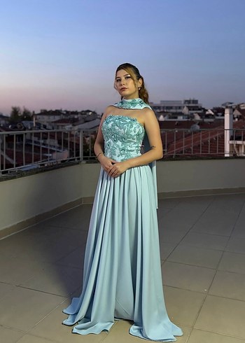 Turkuaz Nakışlı Uzun Straplez Abiye Elbise - Görsel 3