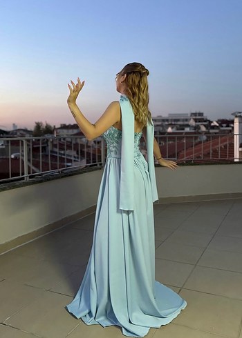 Turkuaz Nakışlı Uzun Straplez Abiye Elbise - Görsel 2