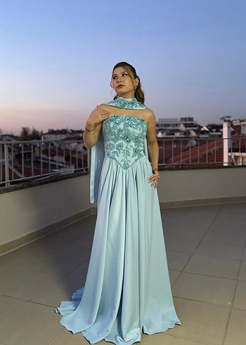 Turkuaz Nakışlı Uzun Straplez Abiye Elbise - Görsel 3