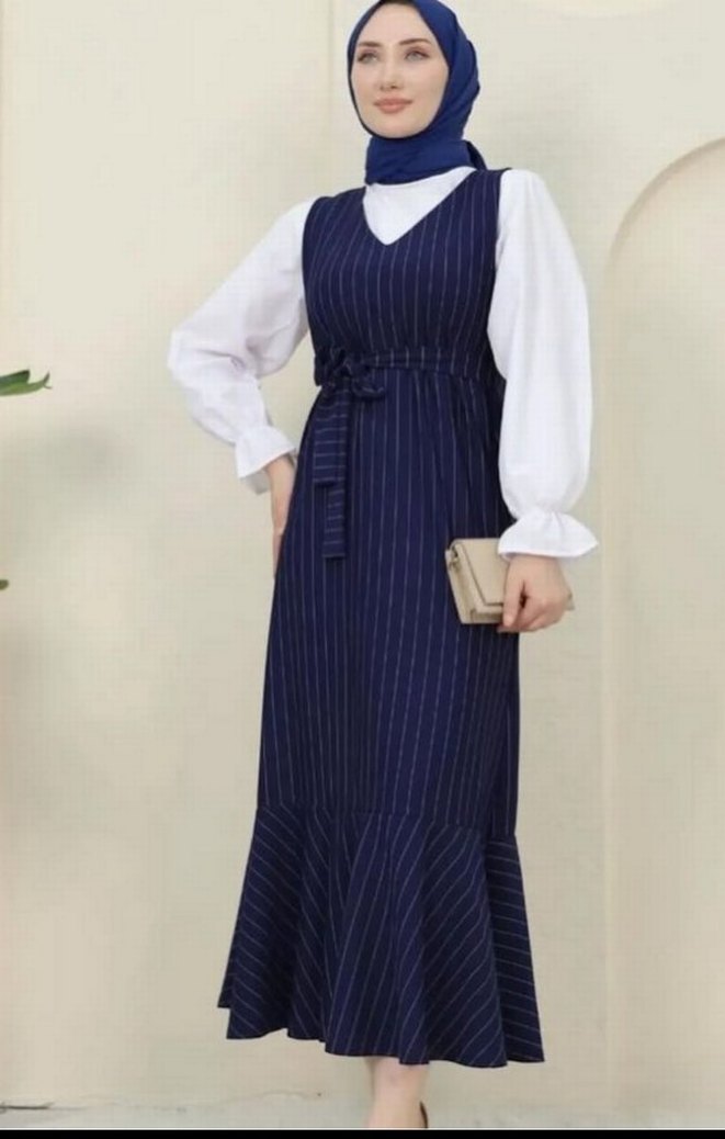 Lacivert Kemerli Uzun Elbise sadece jile - Görsel 2