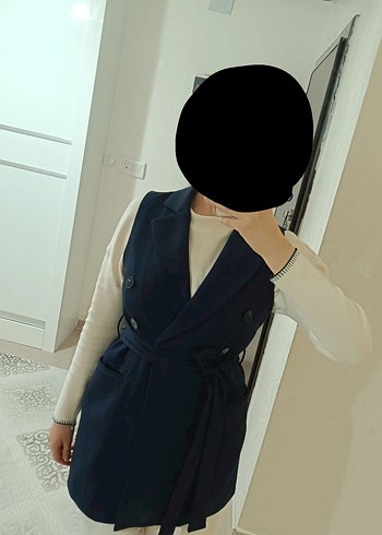 lacivert kemerli blazer yelek - Görsel 3