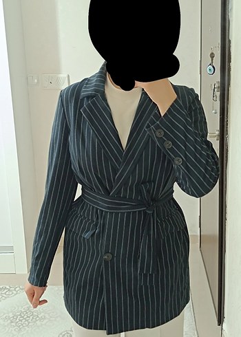 Düğmeli Lacivert Çizgili Kadın Blazer Ceket - Görsel 3