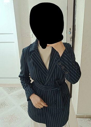 Düğmeli Lacivert Çizgili Kadın Blazer Ceket - Görsel 2