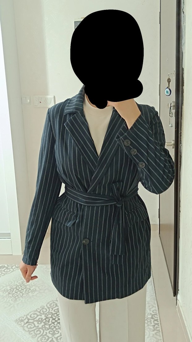Düğmeli Lacivert Çizgili Kadın Blazer Ceket - Görsel 3