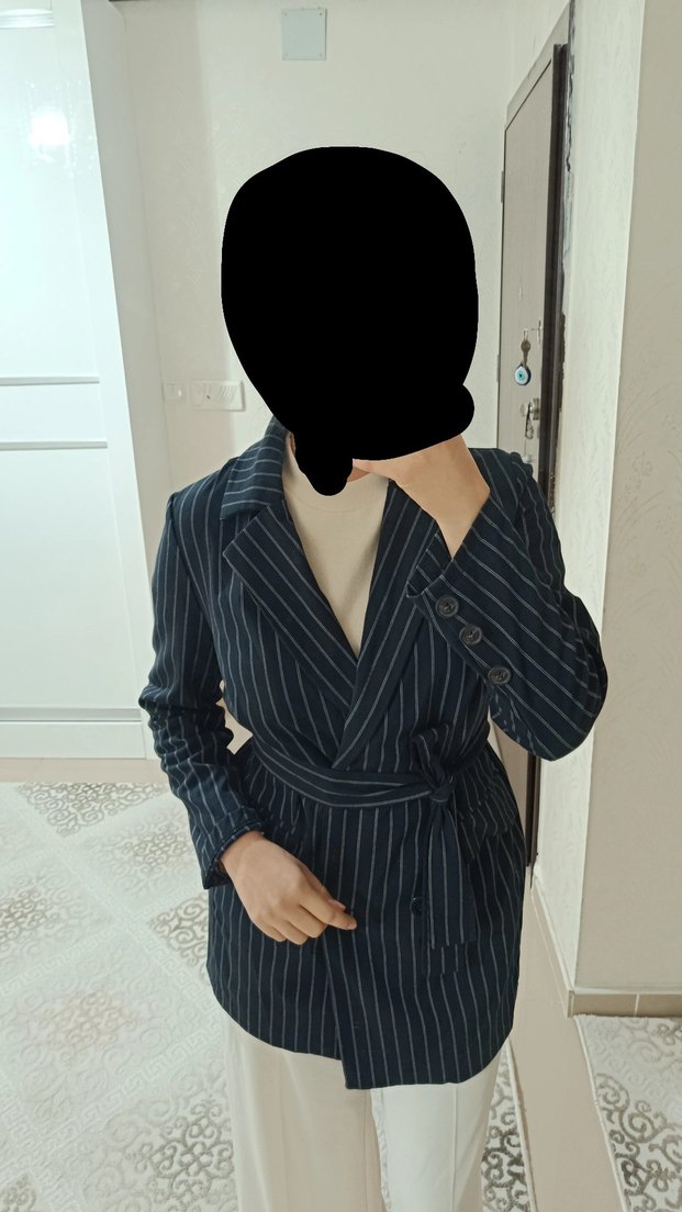 Düğmeli Lacivert Çizgili Kadın Blazer Ceket - Görsel 2