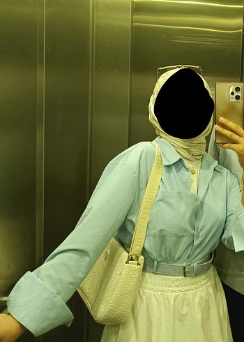 Mavi kemerli crop gömlek - Görsel 3