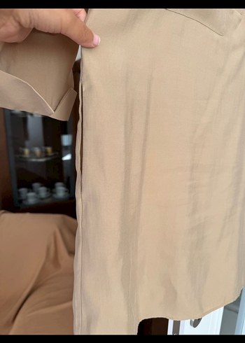 Bej Keten Midi Gömlek Tunik - Görsel 3