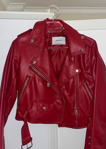 Kırmızı Parlak Mini Deri Biker Ceket