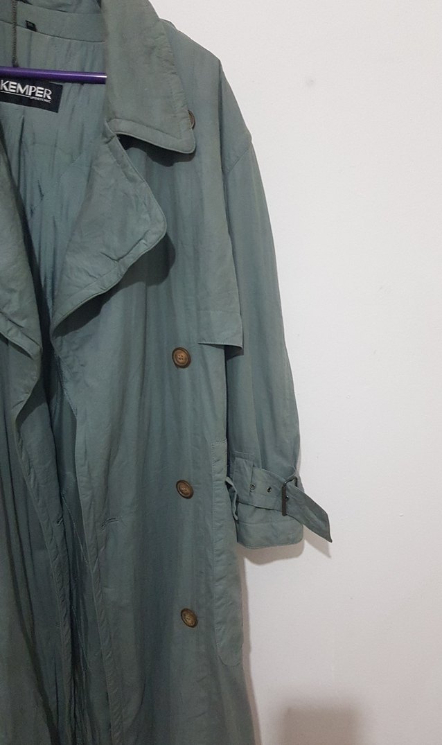 Düğmeli Uzun Yeşil Şardonlu  Trençkot - Görsel 2