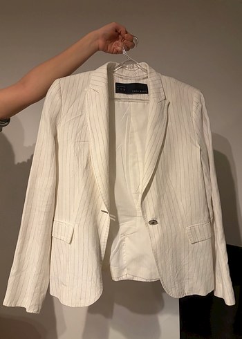 Zara Ekru İnce Cizgili Klasik Blazer Ceket