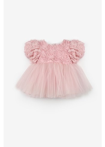Pembe Kabartmalı Kısa Kollu Kız Çocuk Elbise - Görsel 2