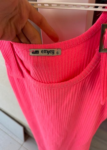 Pembe Askılı Kemerli Triko Midi Elbise - Görsel 2