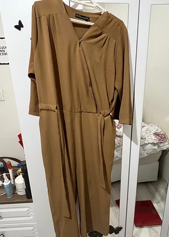 Uzun Kahverengi Kadın çepli tulum - Görsel 2