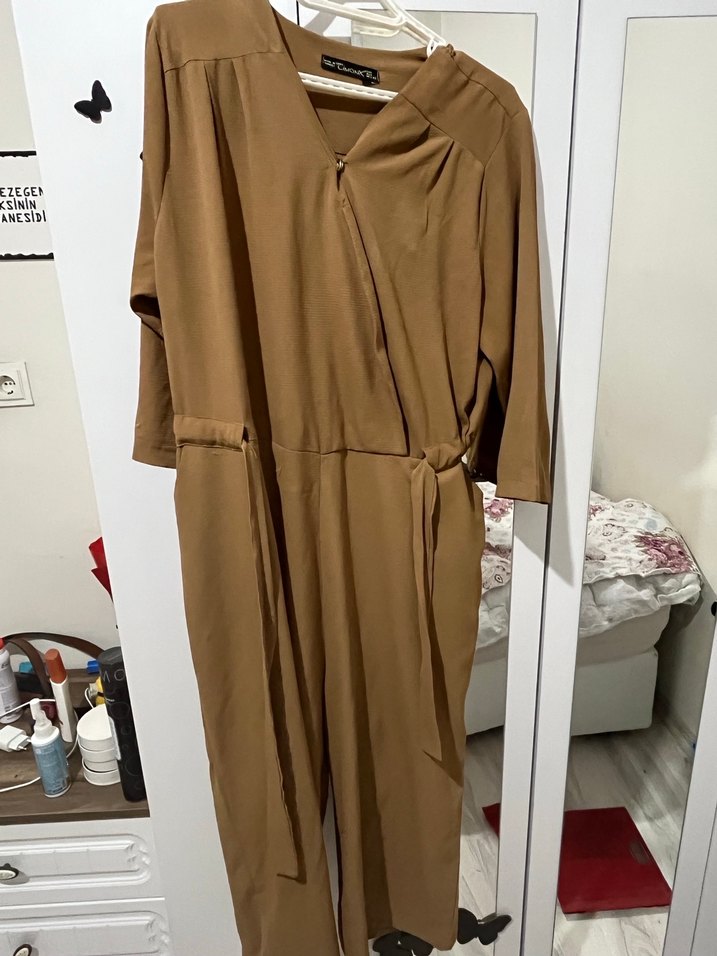 Uzun Kahverengi Kadın çepli tulum - Görsel 2