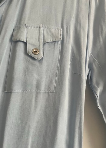 Düğmeli Uzun Kollu mavi Kadın Gömlek - Görsel 3