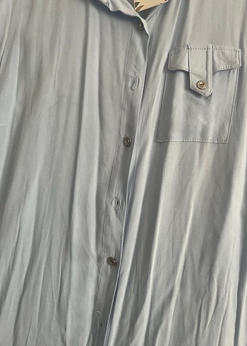 Düğmeli Uzun Kollu mavi Kadın Gömlek - Görsel 4