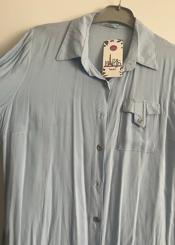 Düğmeli Uzun Kollu mavi Kadın Gömlek - Görsel 5