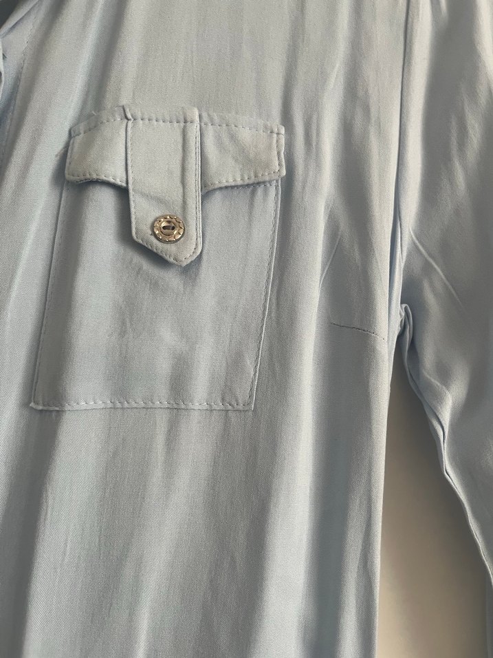 Düğmeli Uzun Kollu mavi Kadın Gömlek - Görsel 3