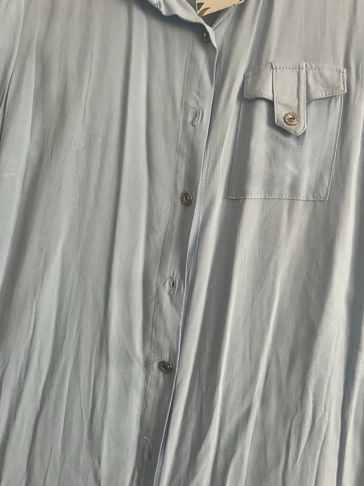 Düğmeli Uzun Kollu mavi Kadın Gömlek - Görsel 4