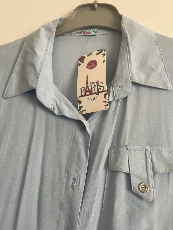 Düğmeli Uzun Kollu mavi Kadın Gömlek - Görsel 2