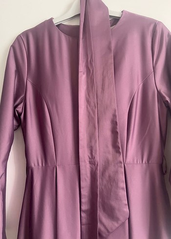 Lila Uzun Kollu Saten Elbise - Görsel 3