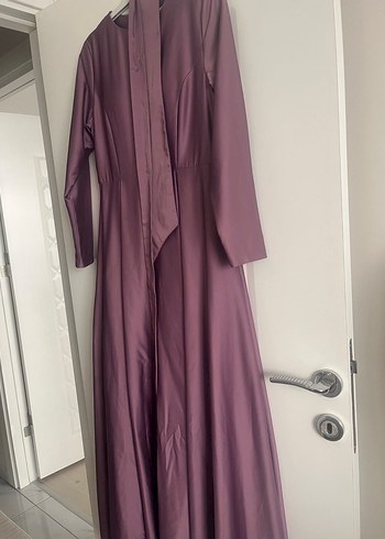 Lila Uzun Kollu Saten Elbise - Görsel 5