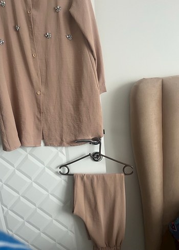 Bej Kadın Keten Takım, Düğmeli, Uzun Kollu - Görsel 6