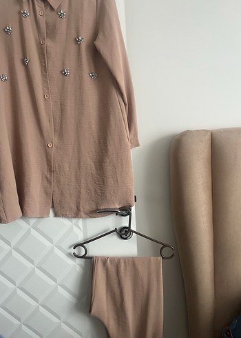 Bej Kadın Keten Takım, Düğmeli, Uzun Kollu - Görsel 5