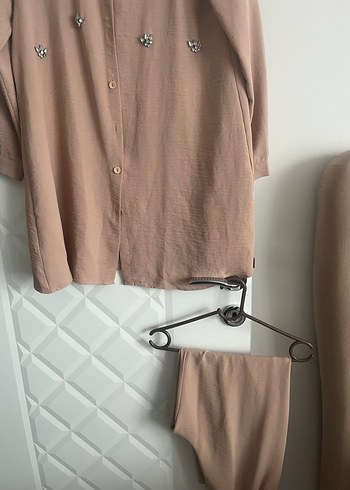 Bej Kadın Keten Takım, Düğmeli, Uzun Kollu - Görsel 2