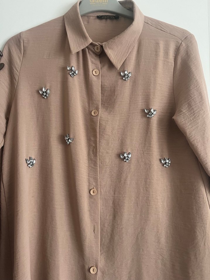 Bej Kadın Keten Takım, Düğmeli, Uzun Kollu - Görsel 4