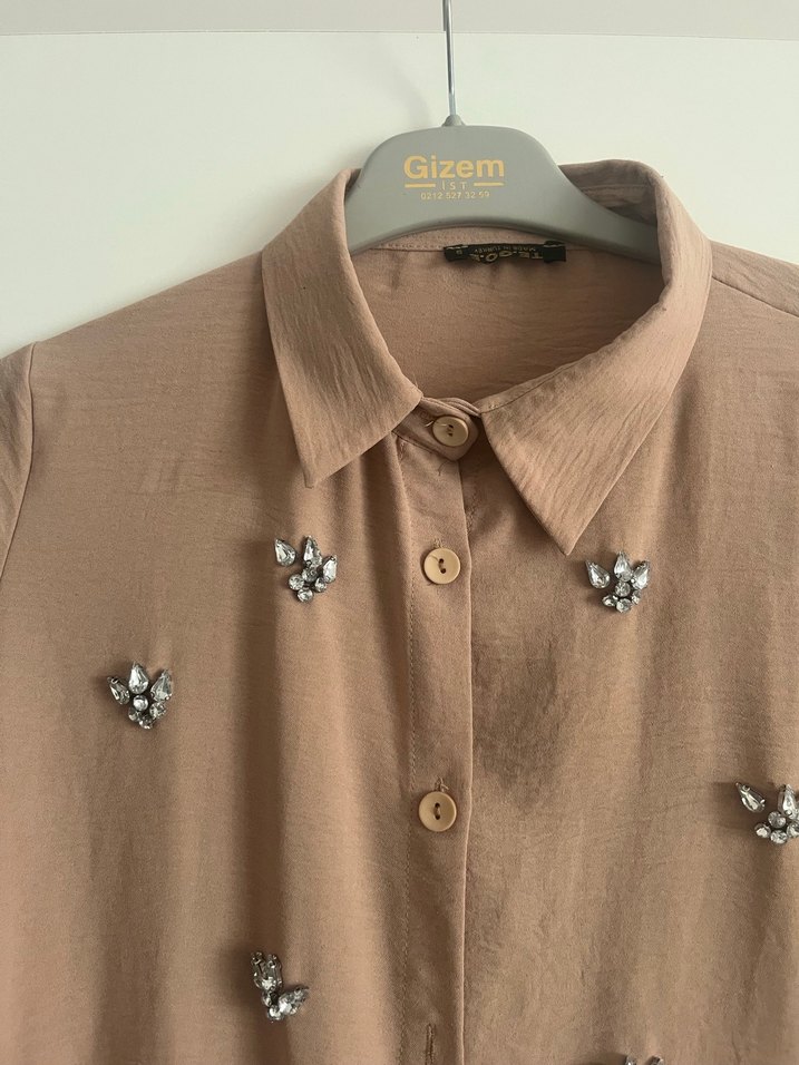 Bej Kadın Keten Takım, Düğmeli, Uzun Kollu - Görsel 3