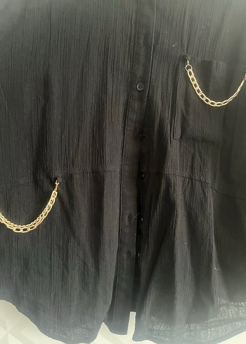 Zincir Detaylı Siyah Keten Gömlek - Görsel 7