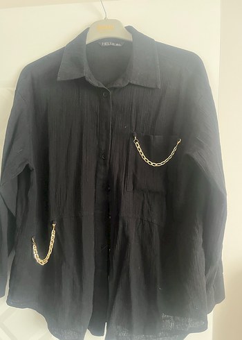 Zincir Detaylı Siyah Keten Gömlek - Görsel 3