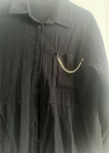 Zincir Detaylı Siyah Keten Gömlek - Görsel 5