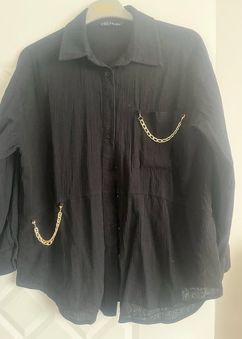 Zincir Detaylı Siyah Keten Gömlek - Görsel 8