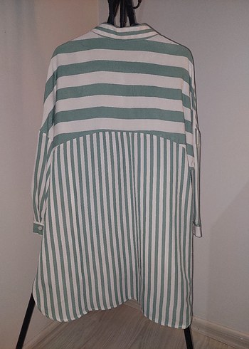 Yeşil Çizgili Uzun Kollu Kadın Gömlek - Görsel 3