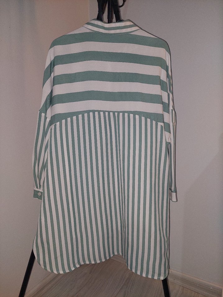 Yeşil Çizgili Uzun Kollu Kadın Gömlek - Görsel 3